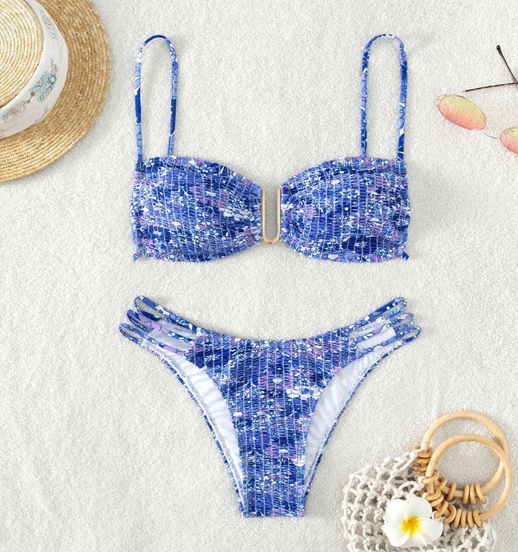 Women's floral bikini swimsuit with high-waist briefs in multiple solid colour options