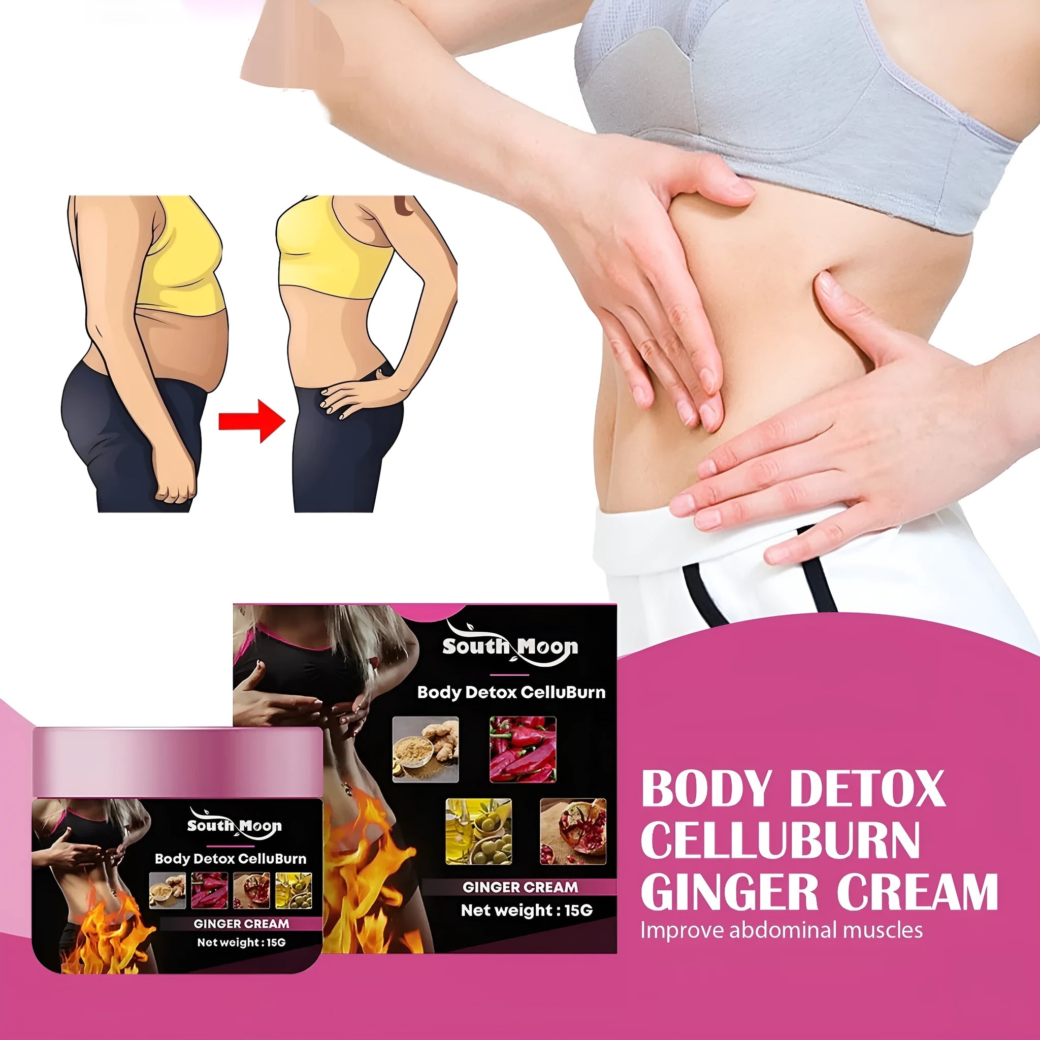 15g tube of ginger thigh slimming and tightening body cream with olive oil and hyaluronic acid.
