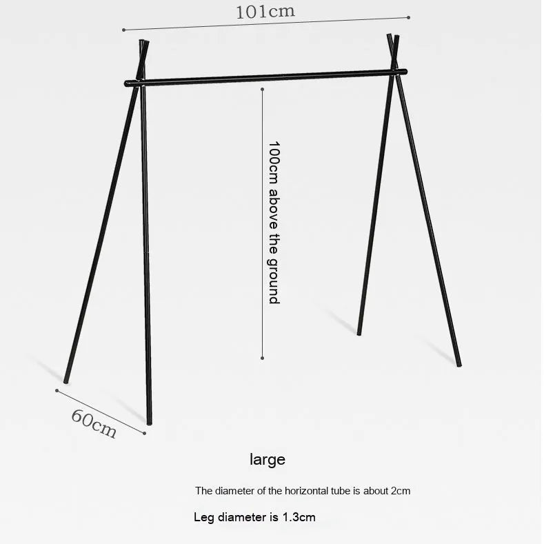 Large foldable aluminium alloy triangle clothes drying rack for camping with side hooks.