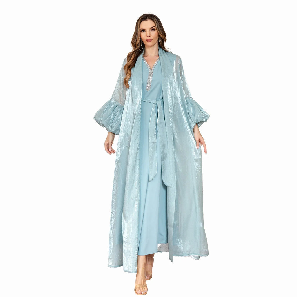 Dubai two-piece dress set with rhinestone detailing in brown colour showing long sleeves and long skirt