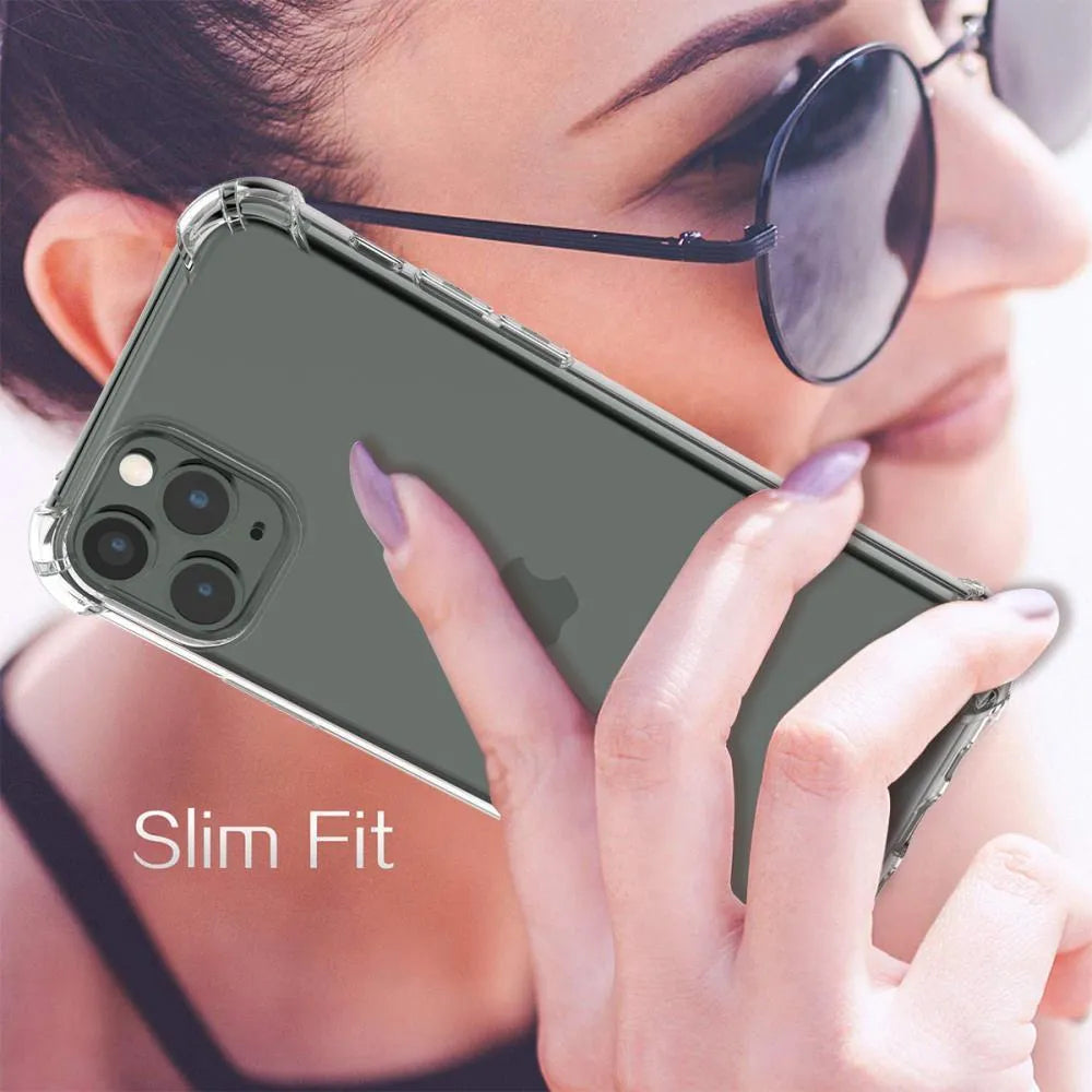 Transparent shockproof TPU phone case for Apple iPhone showing clear protective coverage