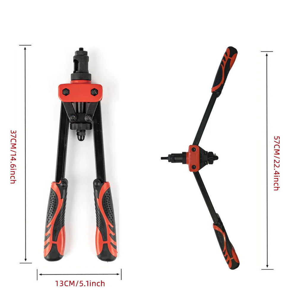 CQ14 14-inch alloy rivet nut gun with set of six M3 to M10 interchangeable tips on a workbench.