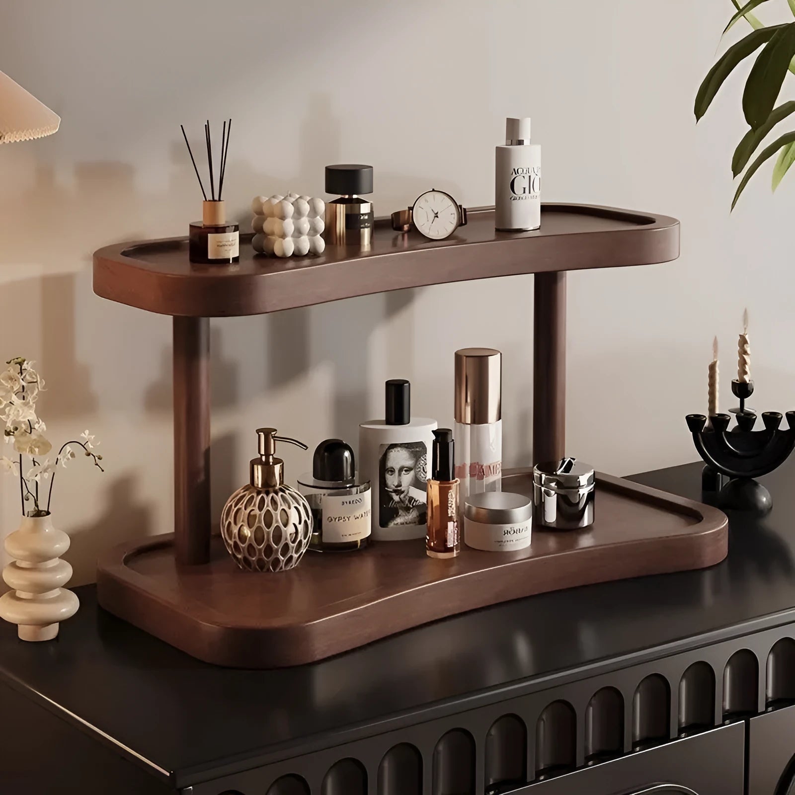 Full bamboo two-layer cup storage rack on a table top with cups organised