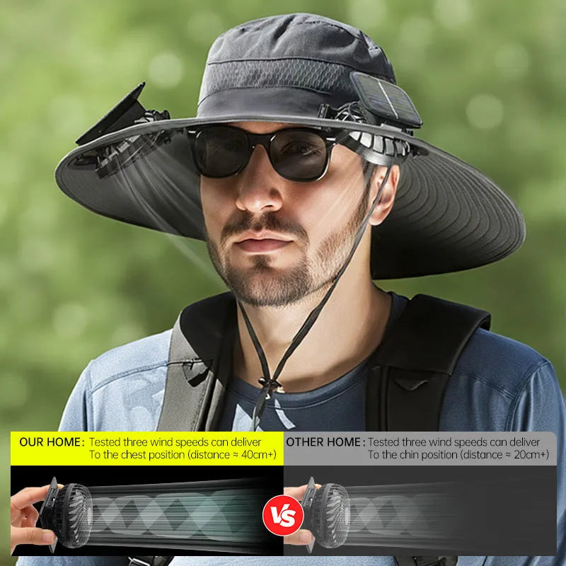 Solar-powered fisherman style hat with built-in fan, shown in multiple colour options.