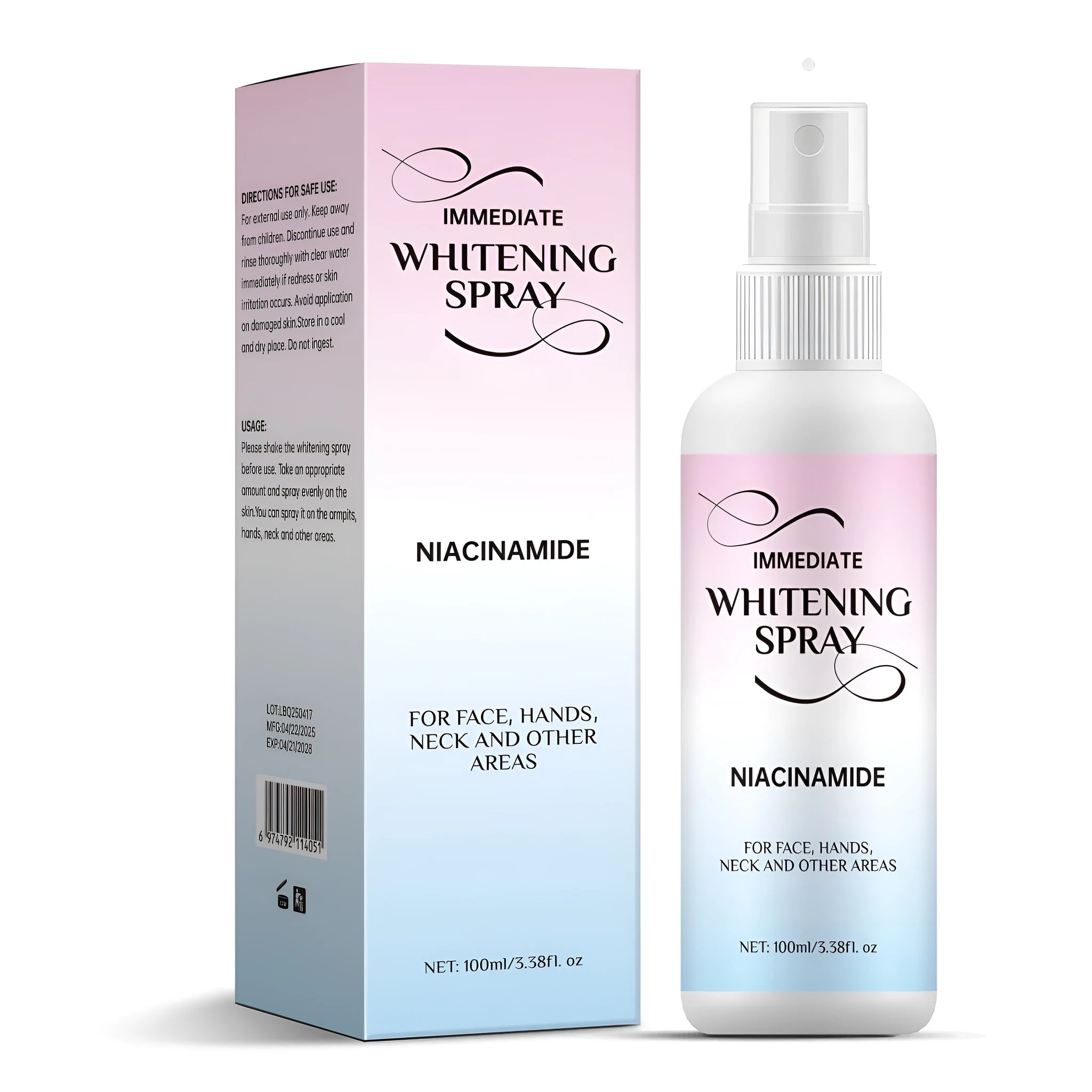 100ml whitening spray bottle with sweat-proof brightening formulation measuring 39.5 x 39.5 x 141.4mm