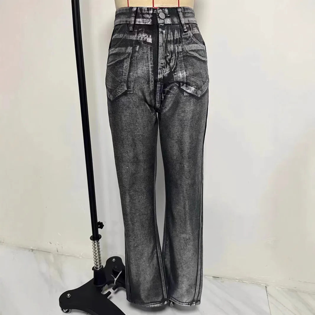 Washed blue high-waist straight-leg jeans with contrast detailing