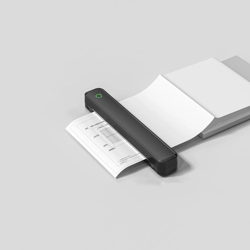 Bluetooth thermal printer for mobile phones in black or white, 295mm x 55mm x 41mm dimensions