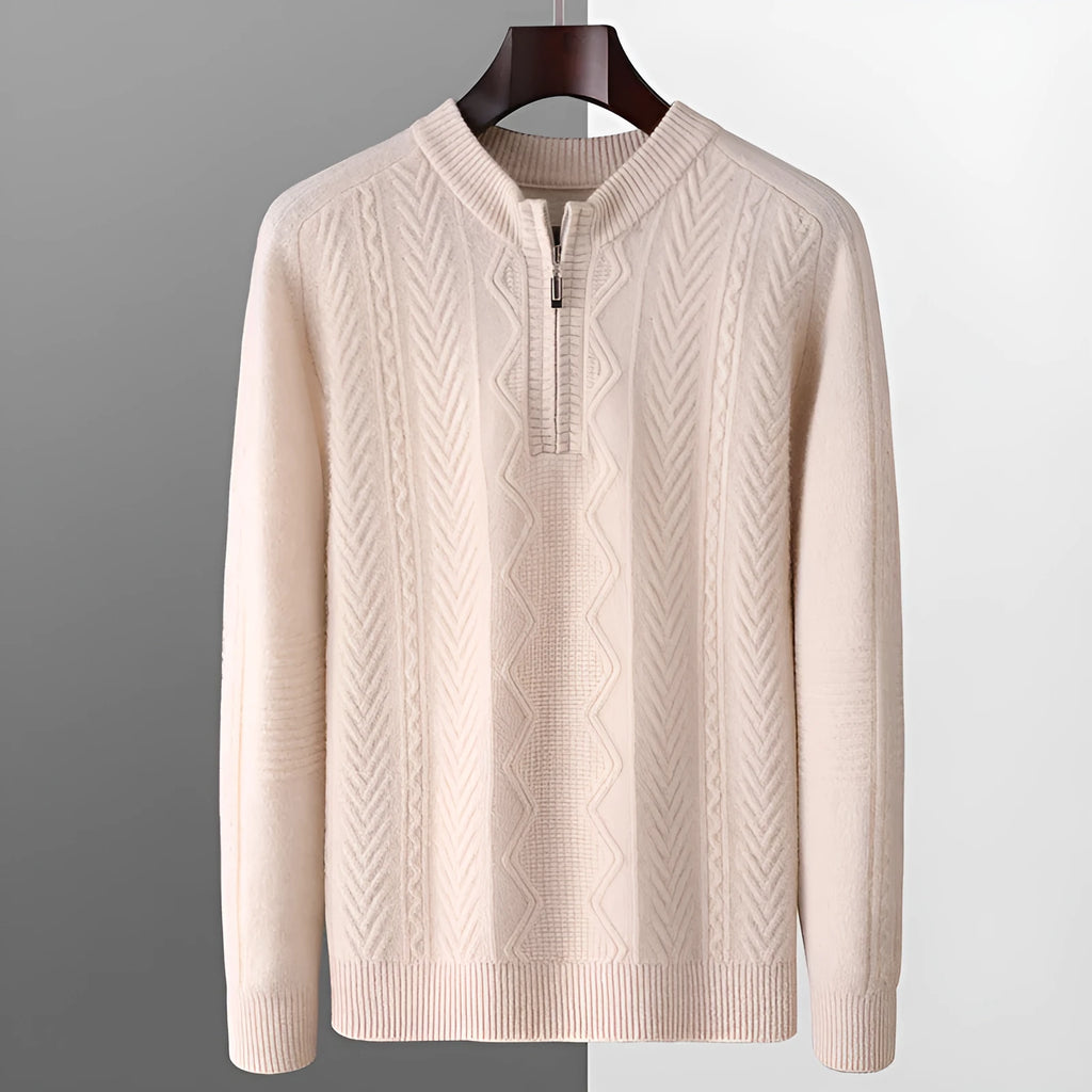 Men's diamond pattern wool half zip sweater in camel colour shown on model