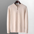 Men's diamond pattern wool half zip sweater in camel colour shown on model