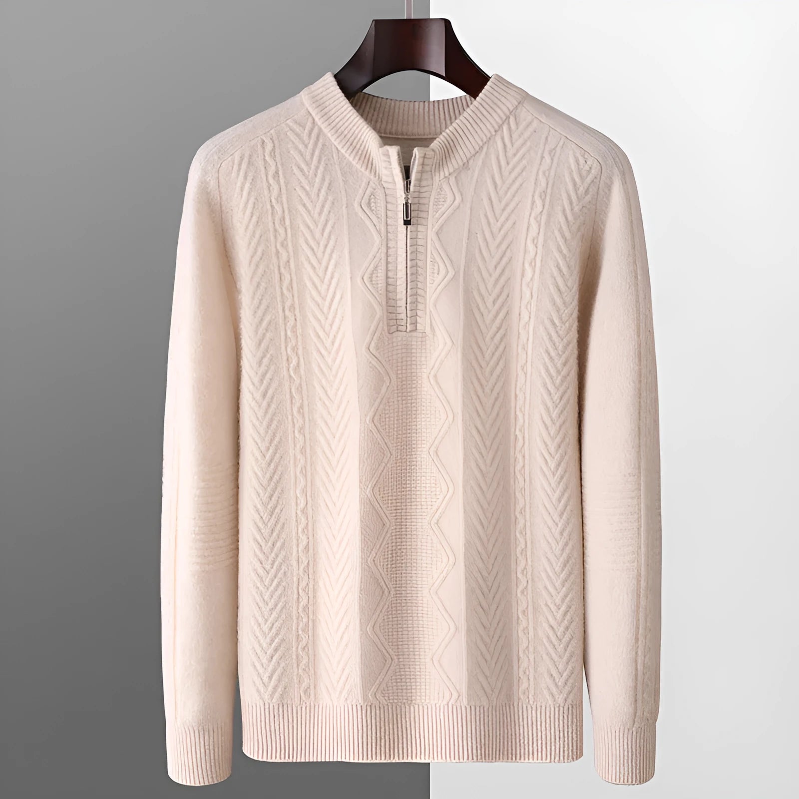 Men's diamond pattern wool half zip sweater in camel colour shown on model