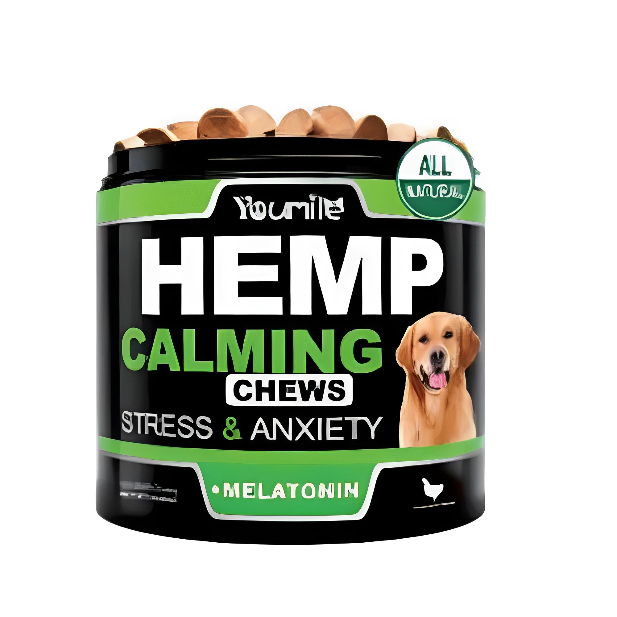 Calm Down And Chew herbal supplement bottle with 120 chewable capsules for stress relief