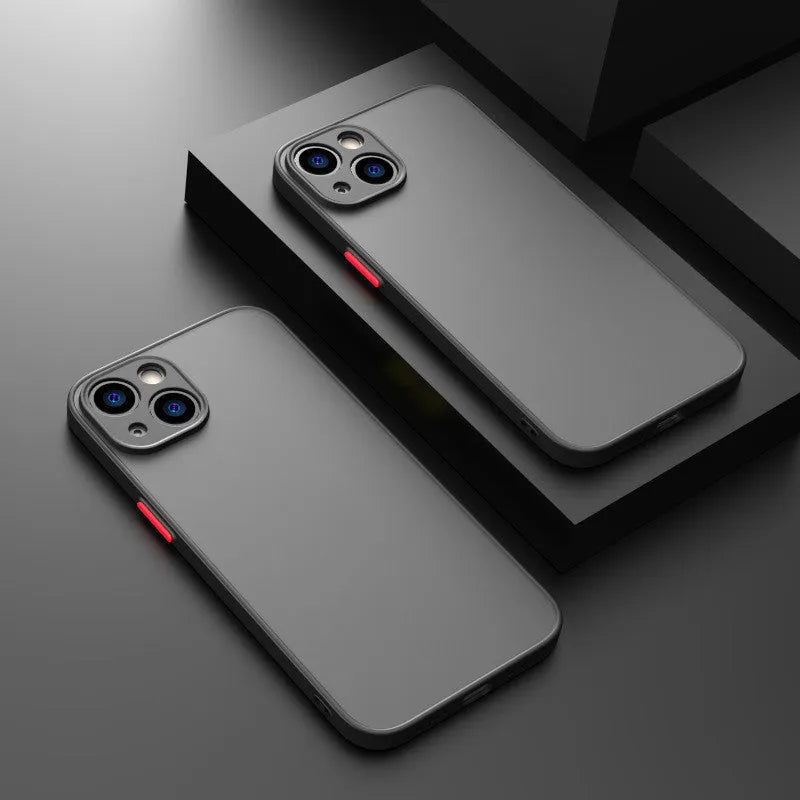 Black frosted hard iPhone case with fine hole cutouts for camera and ports on a dark background.
