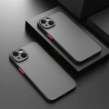 Black frosted hard iPhone case with fine hole cutouts for camera and ports on a dark background.