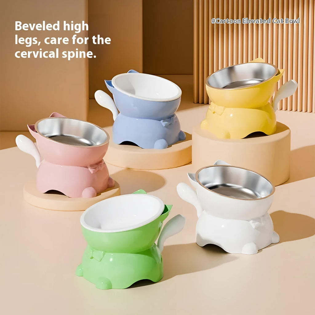 Stainless steel oblique anti-fall cat bowl in black, blue, pink or yellow colours