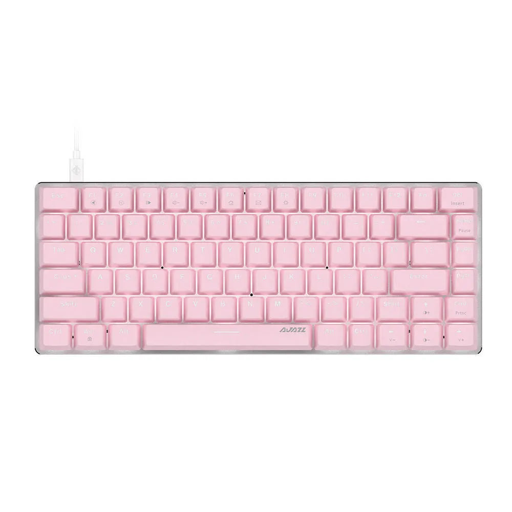 Compact white-backlit mechanical keyboard with 82 keys and metal case on a desk.