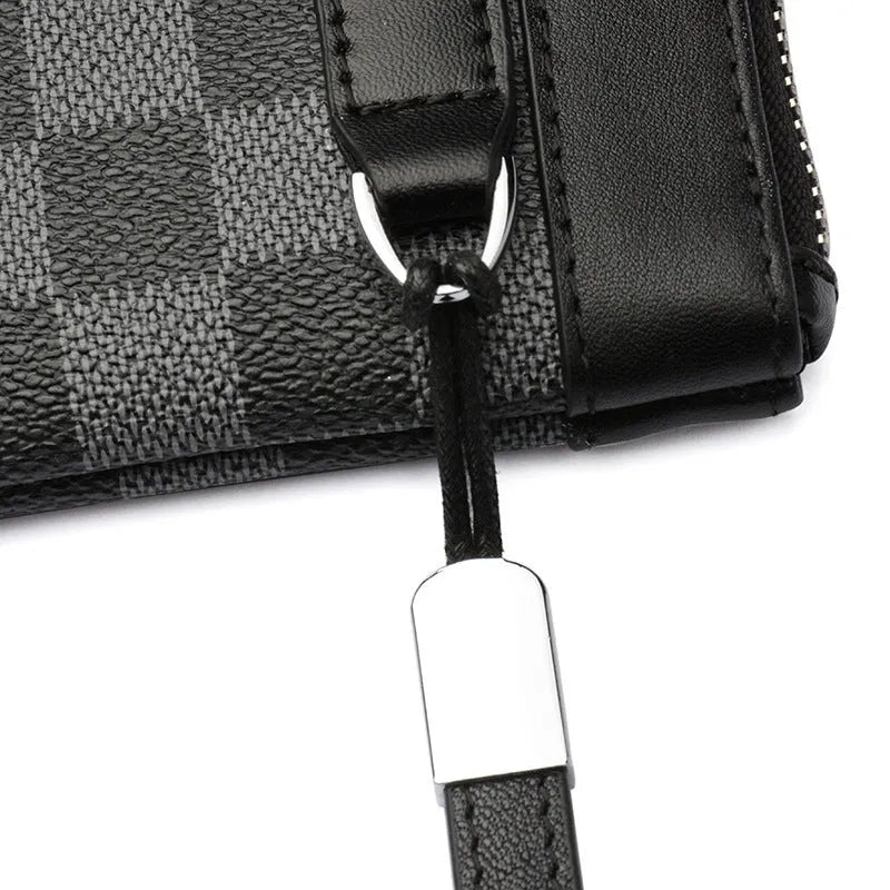 Men's black plaid genuine cowhide leather wallet measuring 20cm by 10cm
