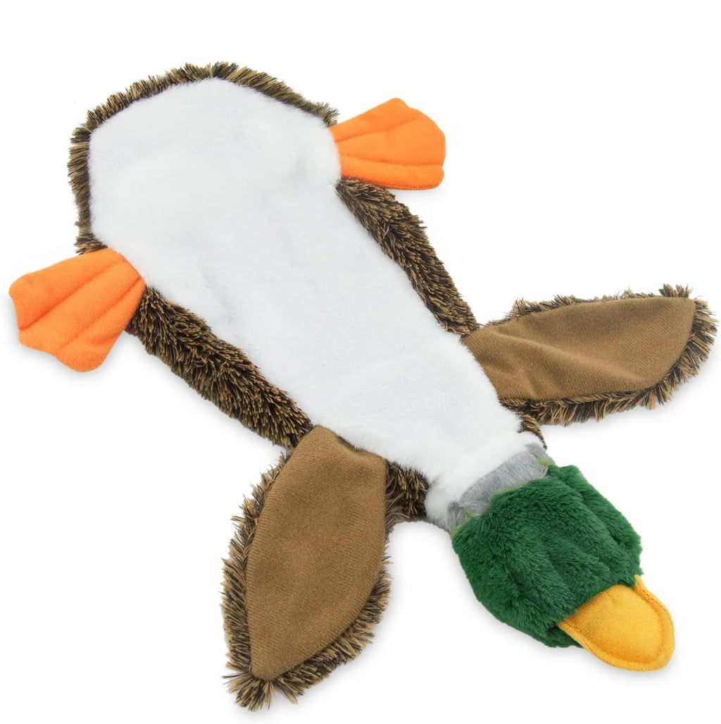 Green wild duck design stuffless squeaky dog toy with fabric plush material.