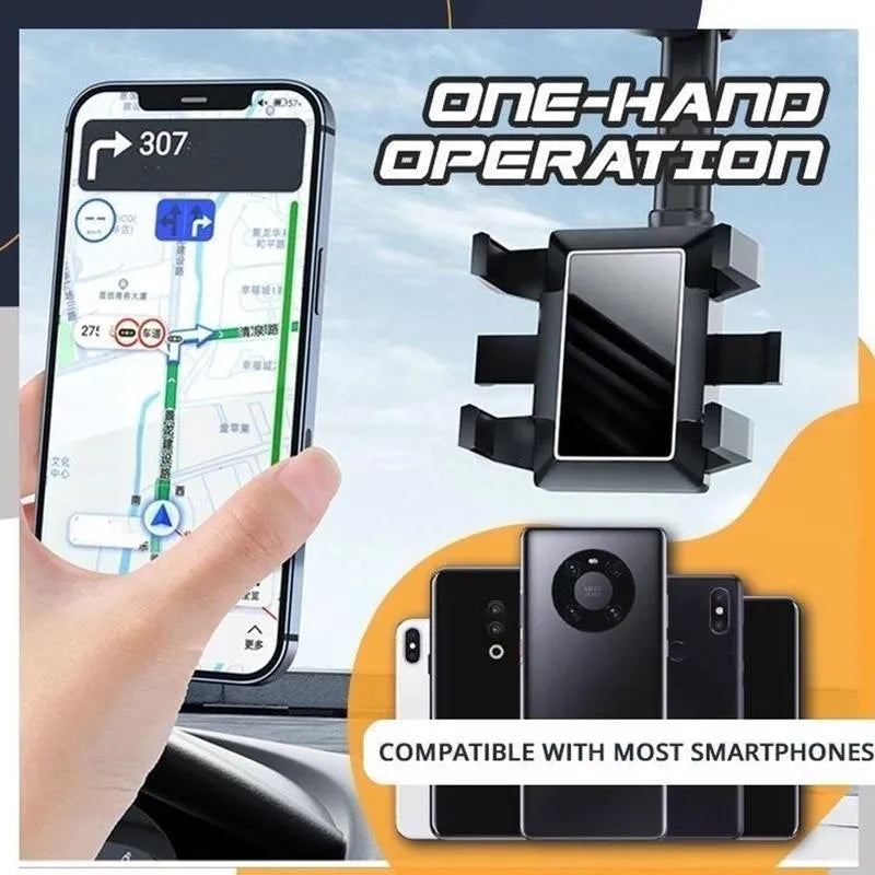 Black rearview mirror phone holder with 360 rotatable clamp and telescopic arm attached to car mirror