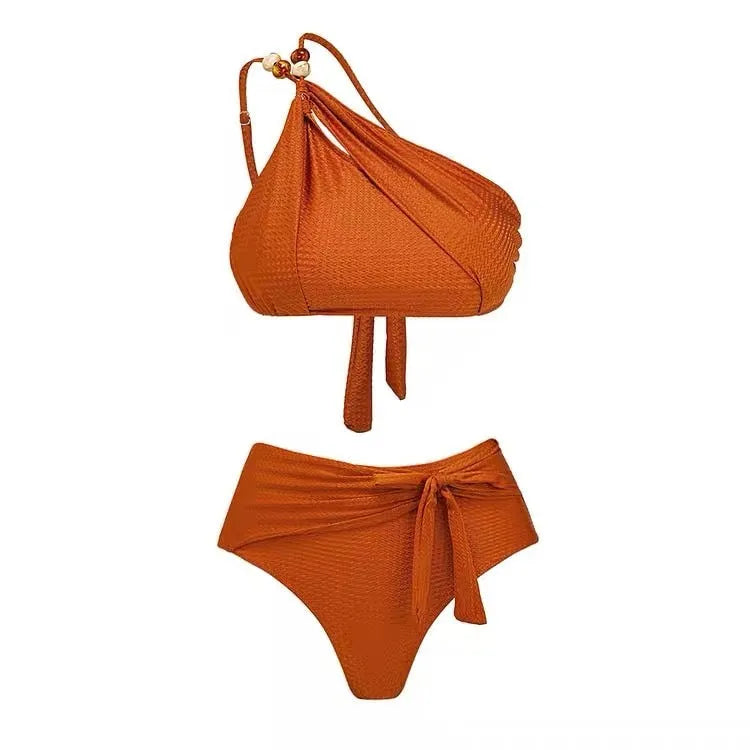 Women's push up bikini high waist split swimsuit in chiffon style with lining, shown in brown, black, and green colour options.