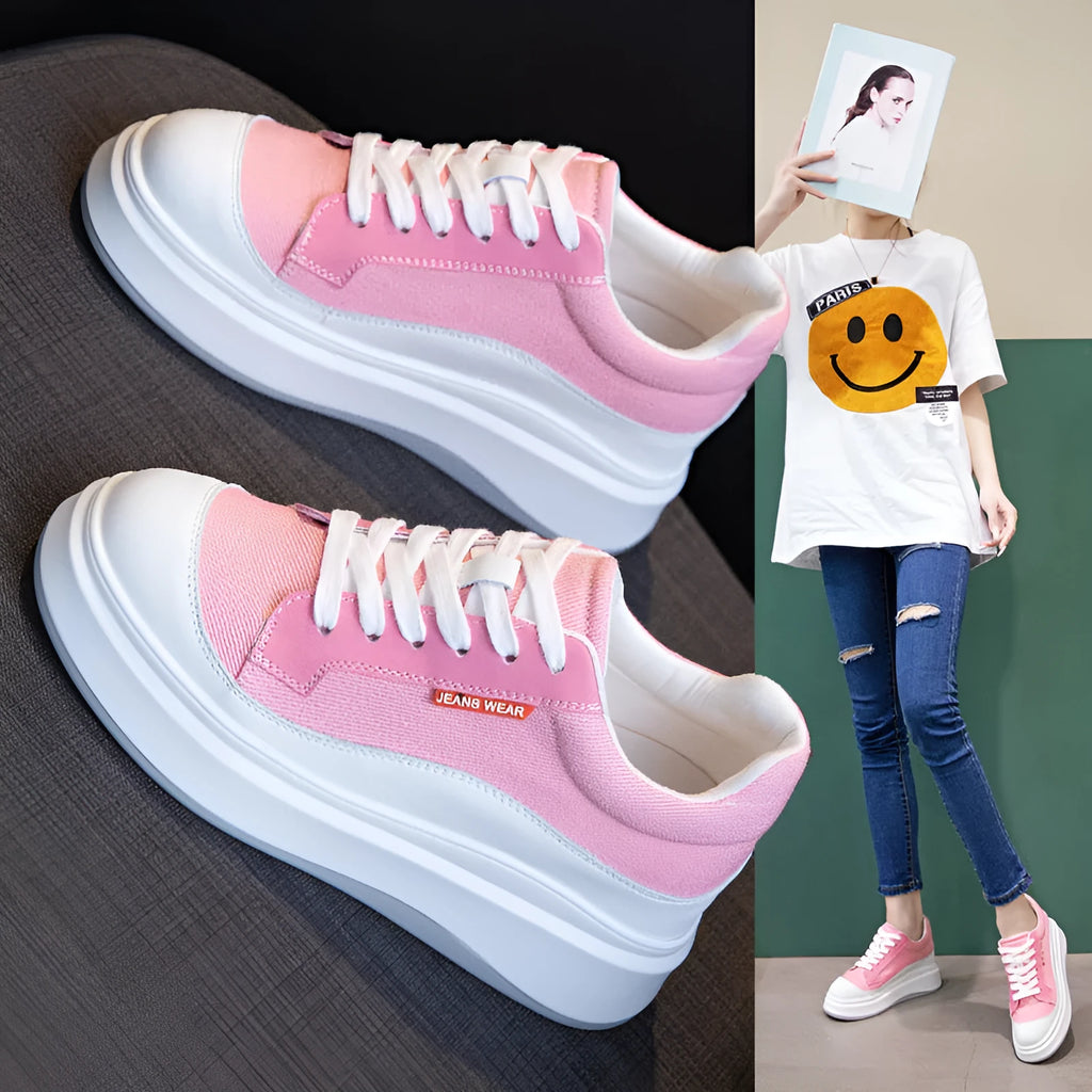 Women's thick-soled leather board shoes in pink and beige colours showing height-increasing design