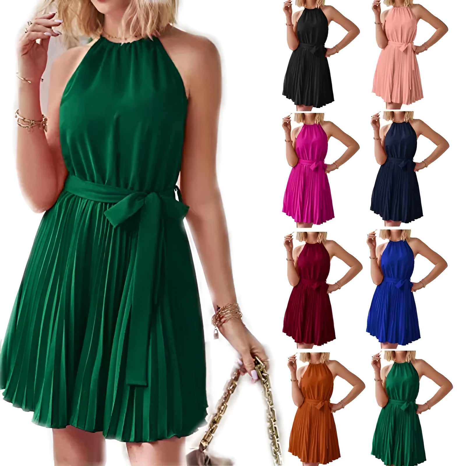 Women's black halter neck strapless sundress with a pleated midi skirt and waist tie