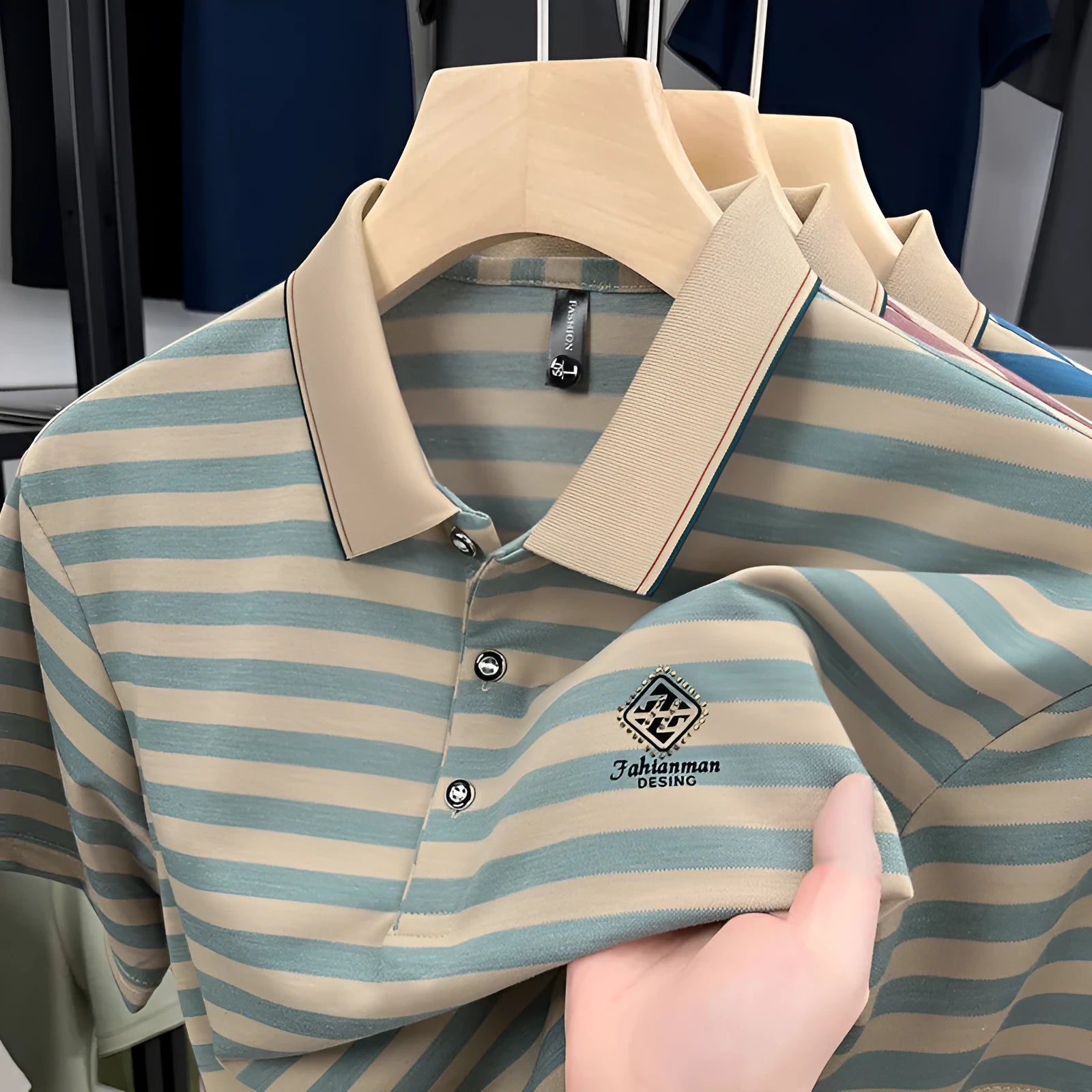 Men's striped casual t-shirt with mosaic pattern in polyester fabric showing colour options
