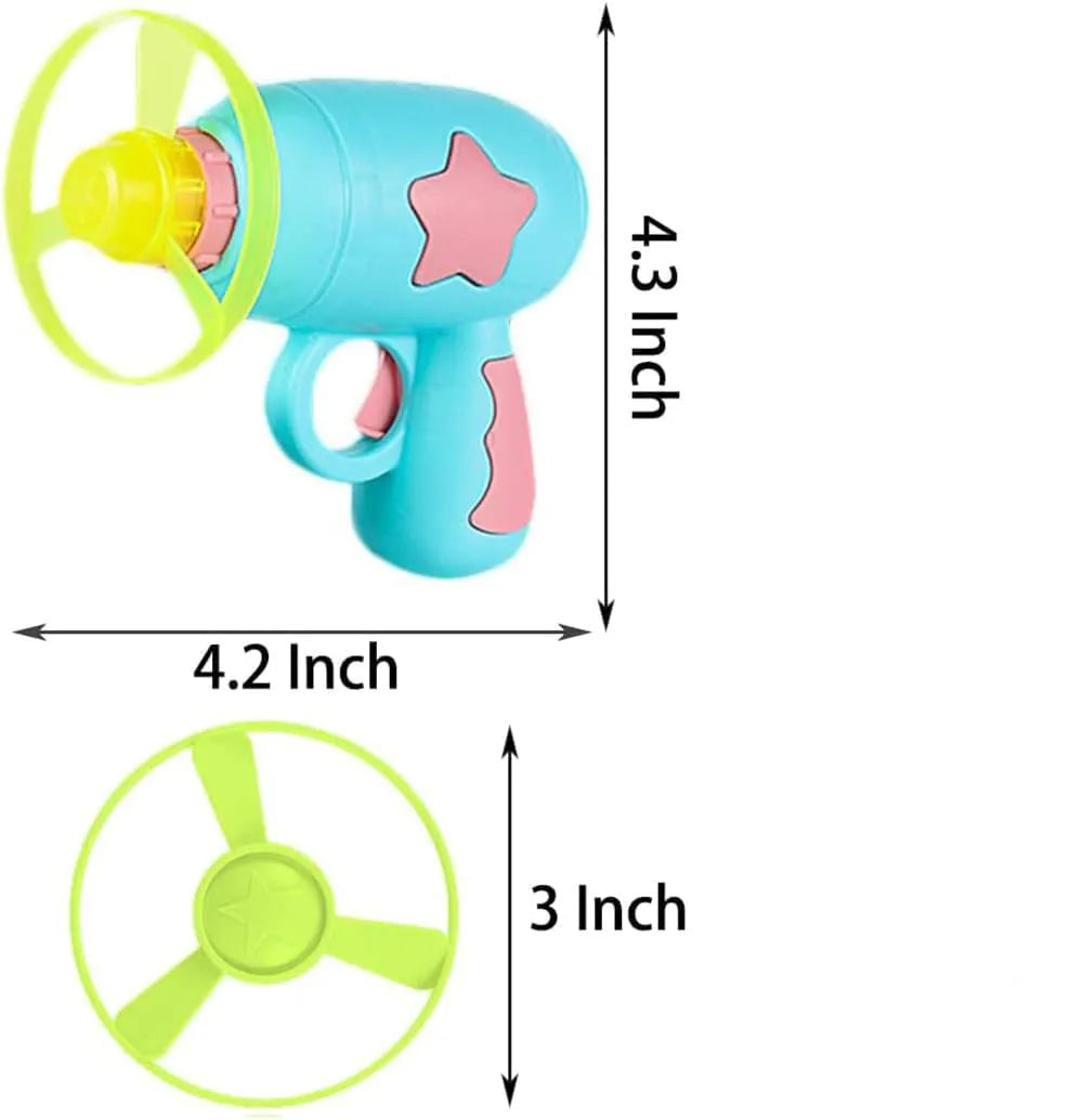 Blue plastic cat toy gun with spinning frisbee launch mechanism for indoor cats
