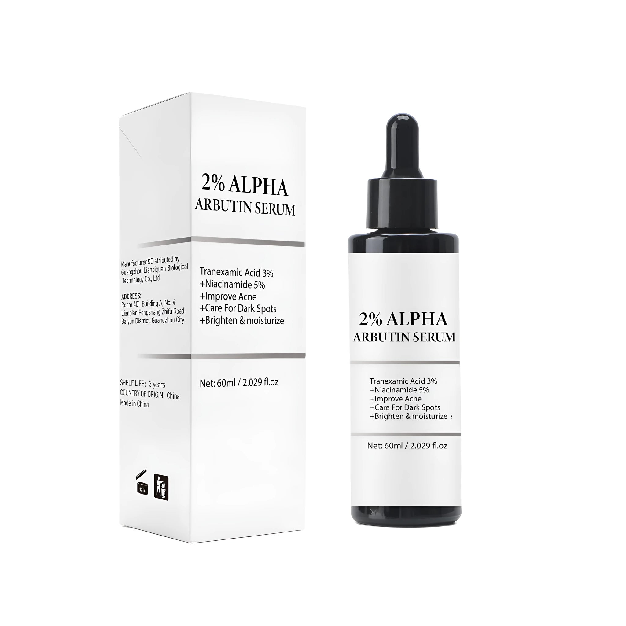 60ml Alpha-Arbutin facial care solution bottle with square 38mm design