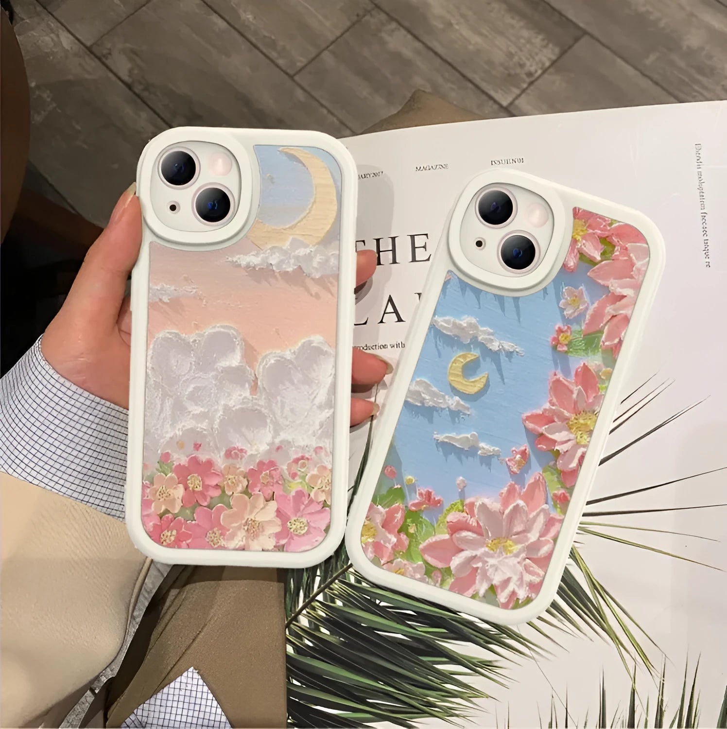 Oil painting moon flower silicone iPhone protective case on a phone