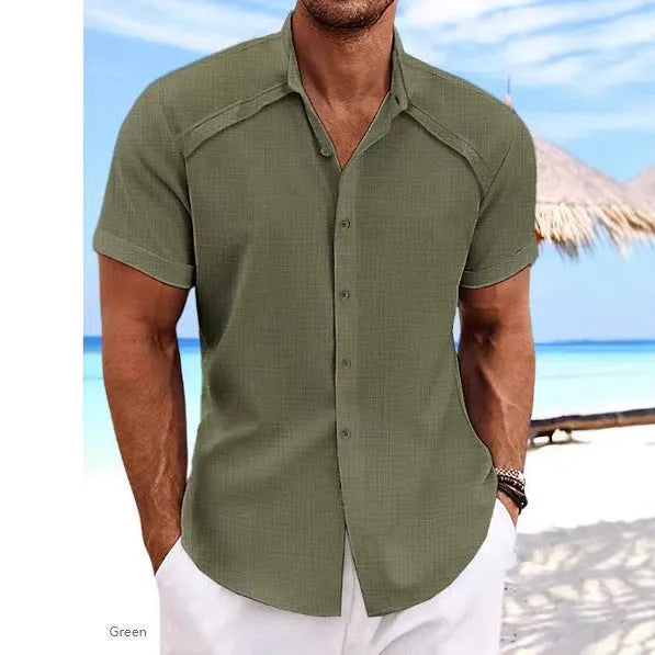 Men's solid colour casual short sleeve shirt in cotton blend fabric on a hanger.