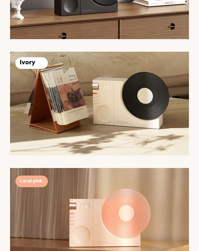 Mini Bluetooth portable speaker with card insertion slot in obsidian black, ivory white, coral pink, or plum green colour