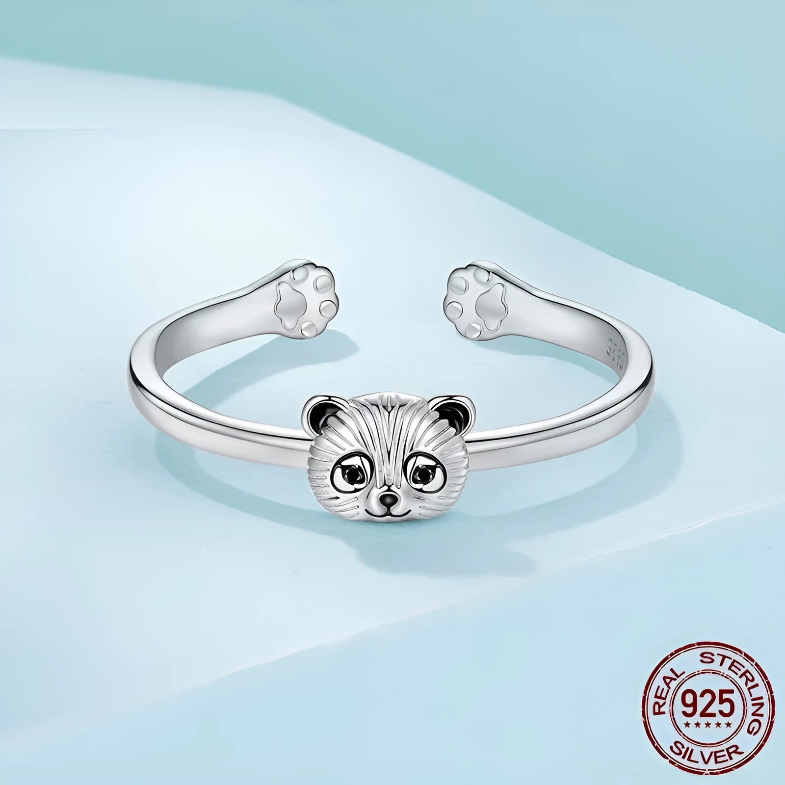 S925 sterling silver panda open ring with adjustable opening on white background