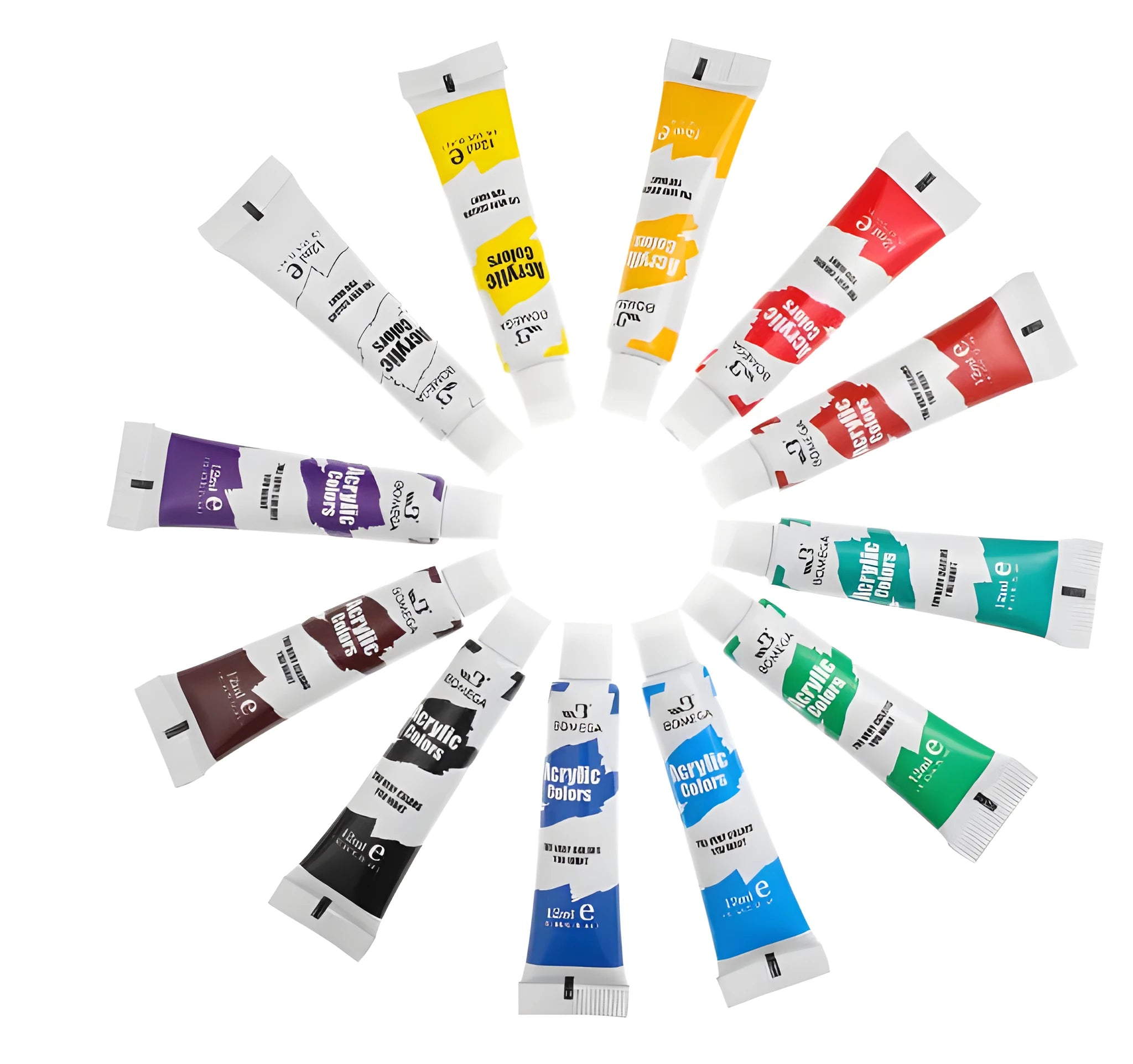 Set of twelve acrylic paint tubes in assorted colours for multi-medium art use.