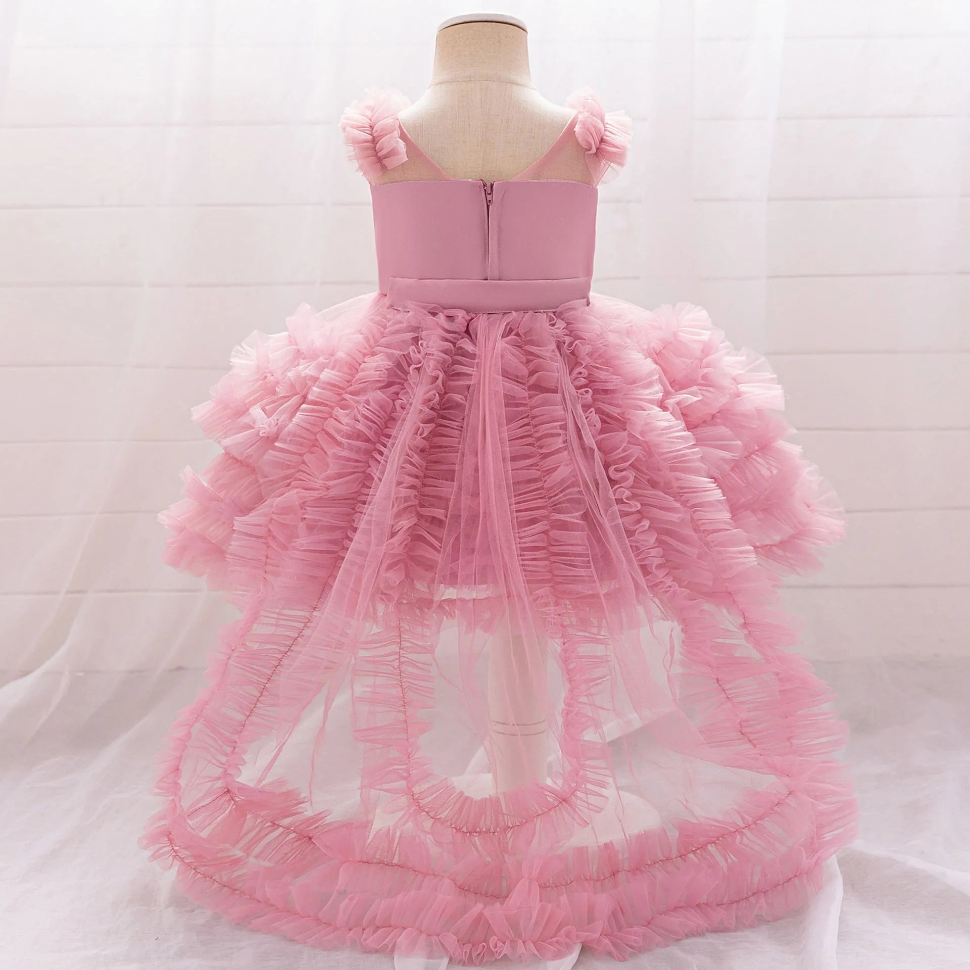 New children's sleeveless mesh long dress in bean pink colour trueran fabric