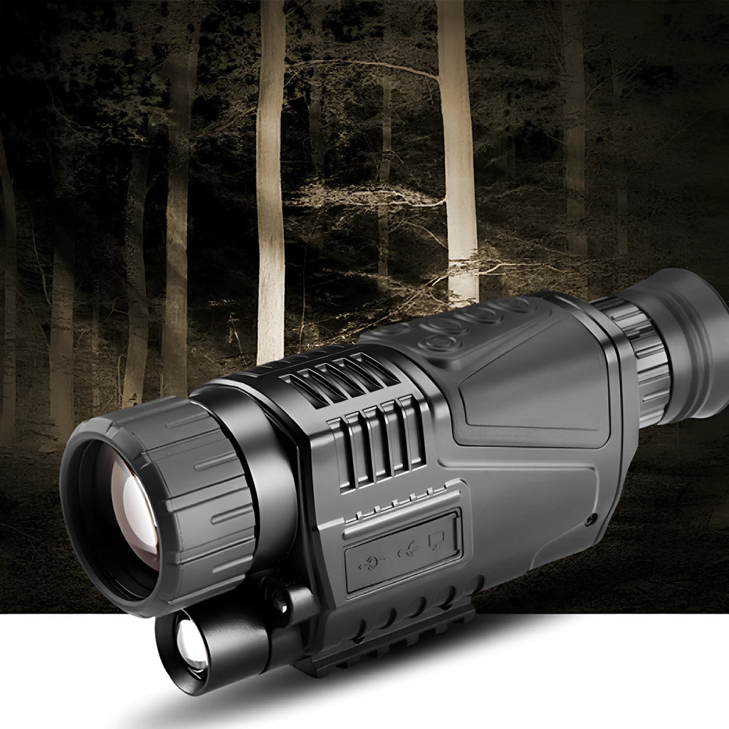 Black infrared digital night vision telescope with 40mm lens, rubber grip, and storage bag.