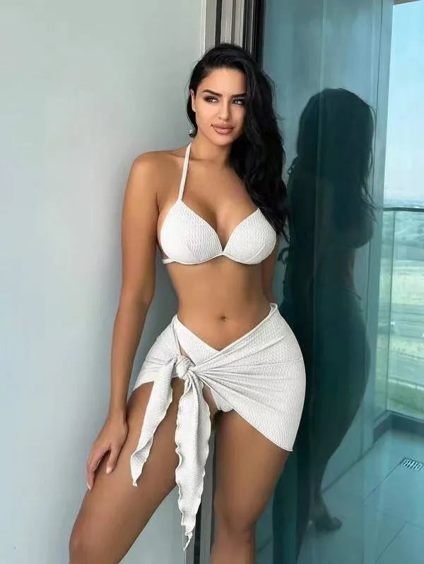Women's sexy Russian split style three-piece swimsuit set in avocado green.