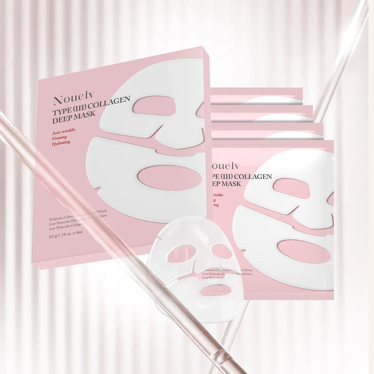 Box containing four white collagen layered patch sheet masks for facial skincare.