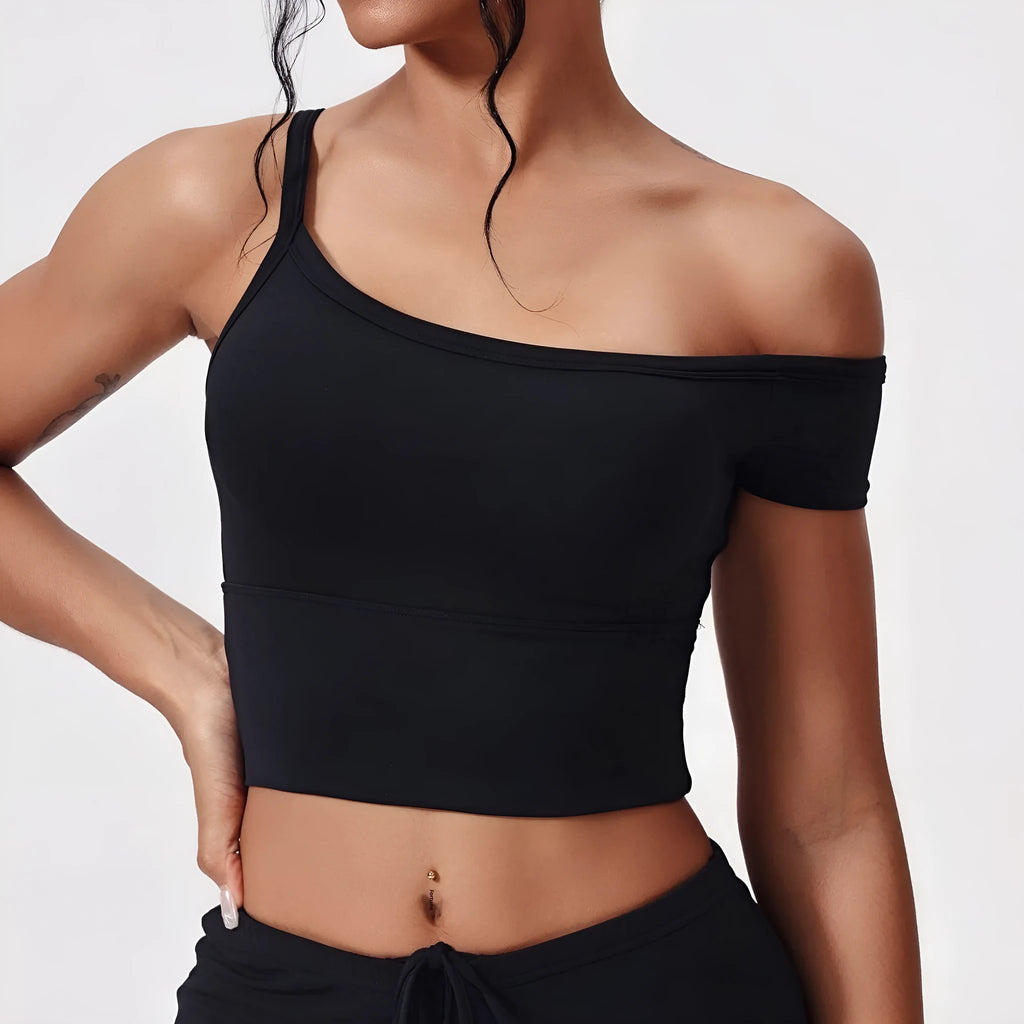 Asymmetric padded yoga vest in white with wireless full cup design and fixed double straps for women