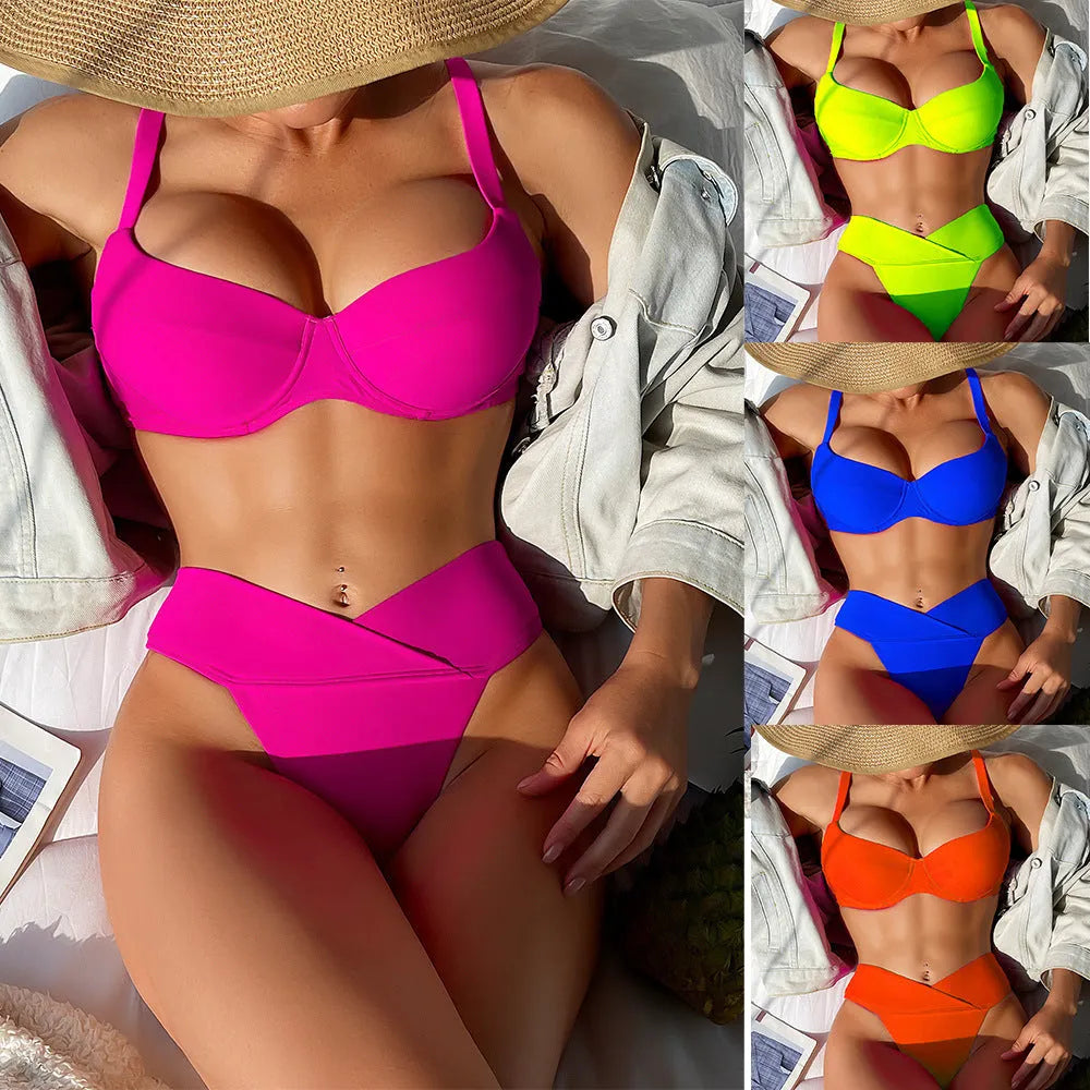 Women's solid colour bikini swimsuit in a briefs style for swimming sports.