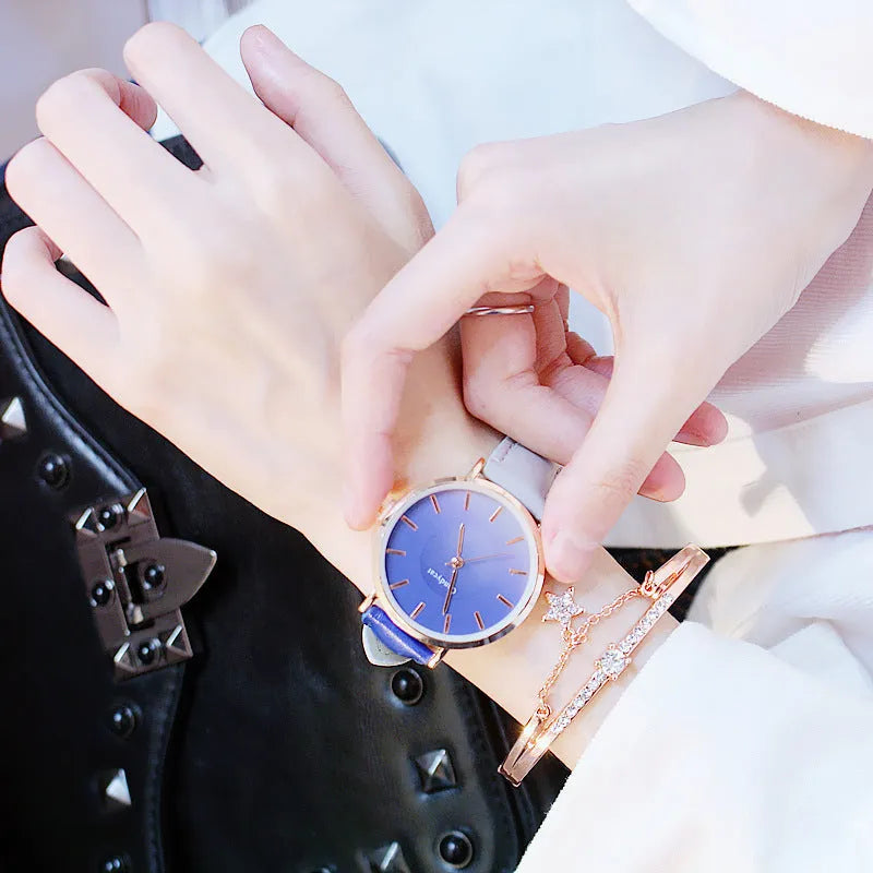 Women's fashion gradient belt quartz watch and bracelet set with 3.8cm dial in pink blue purple