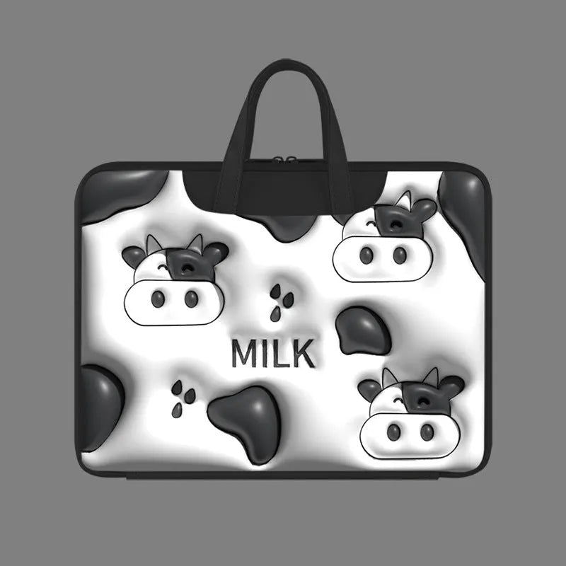 PU leather inflatable laptop bag with cartoon print, shown hanging from a suitcase handle.