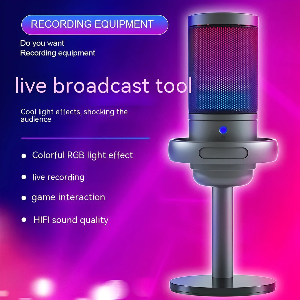 RGB illuminated condenser microphone on desk with USB cable, in black, white, or pink.