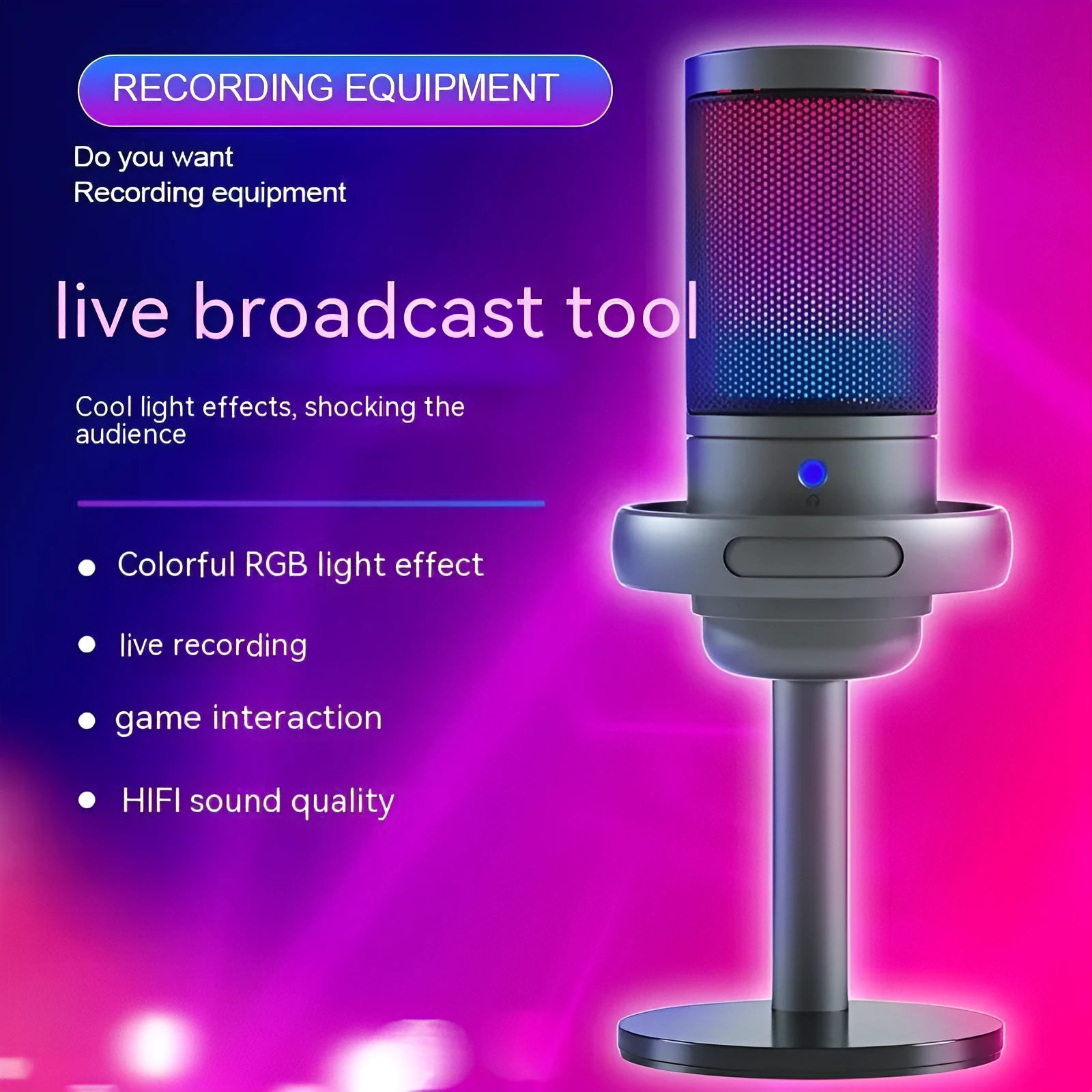RGB illuminated condenser microphone on desk with USB cable, in black, white, or pink.
