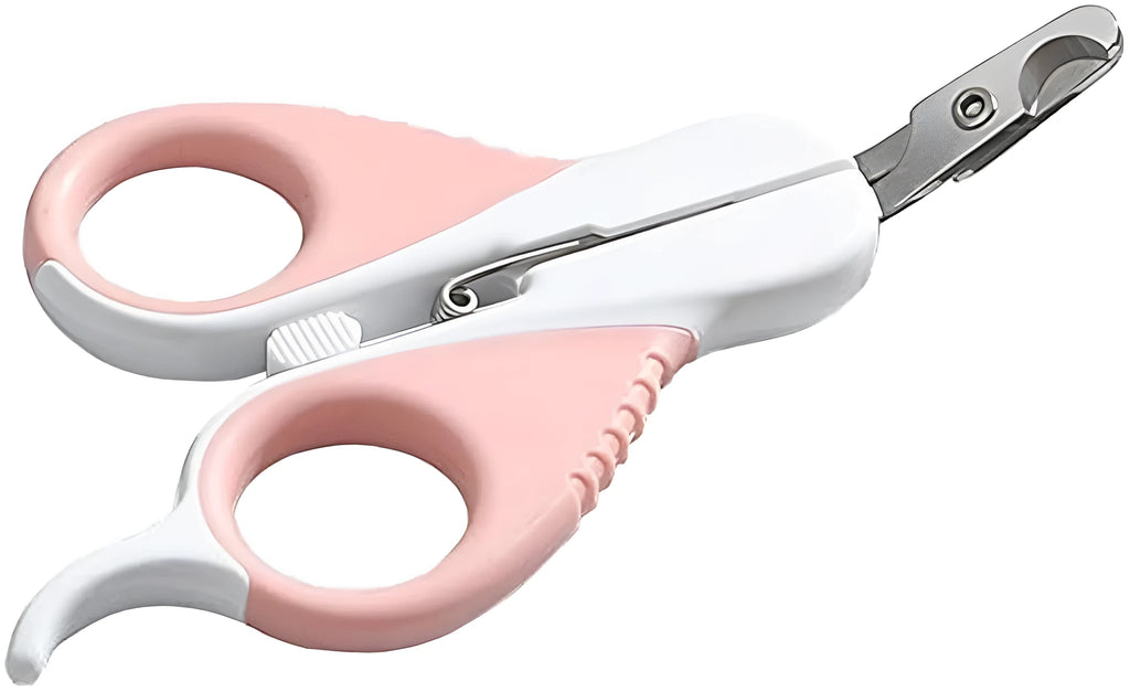 Grey and pink angled cat nail clippers with safety guard for small pets