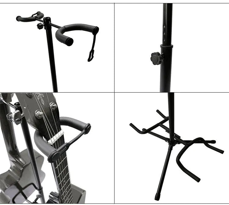 Black vertical double-headed adjustable guitar stand for electric and acoustic guitars