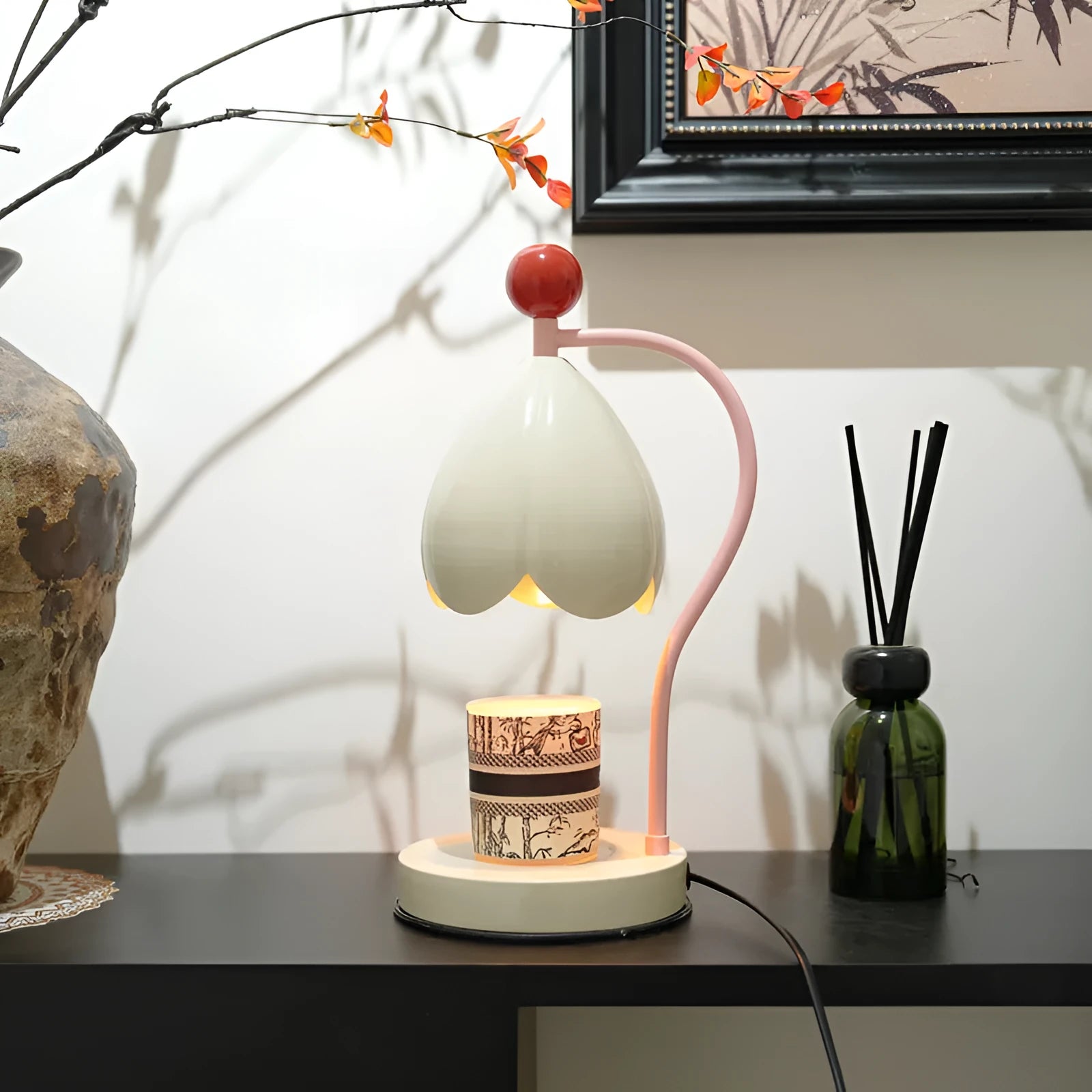 Linglan cream white metal holder melting wax desk lamp on a wooden table.