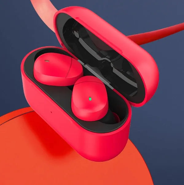 Flame red Qualcomm TWS 3040 Bluetooth headset with earplug design showing USB charging cable