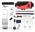 Red and black 12V 24V diesel air heater kit with fuel tank and pipes for truck van RV