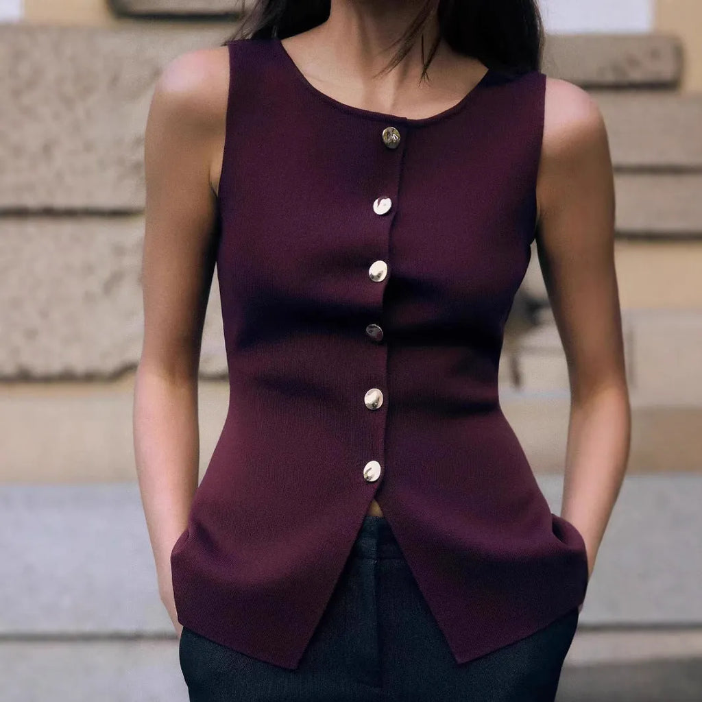 Gold button sweater vest in viscose fabric with slim fit design