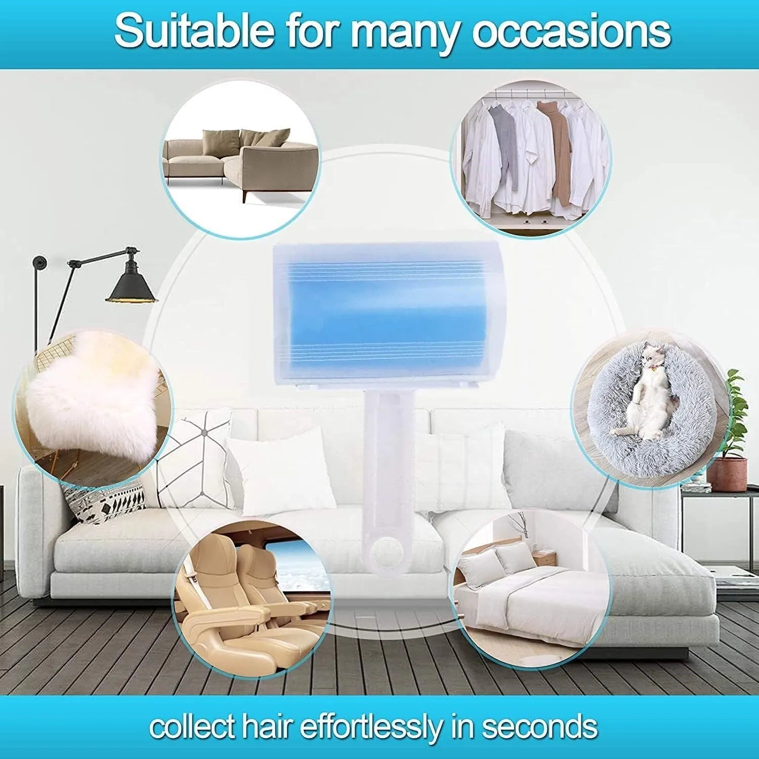 Blue washable reusable lint roller with protective cover for removing pet hair from fabrics